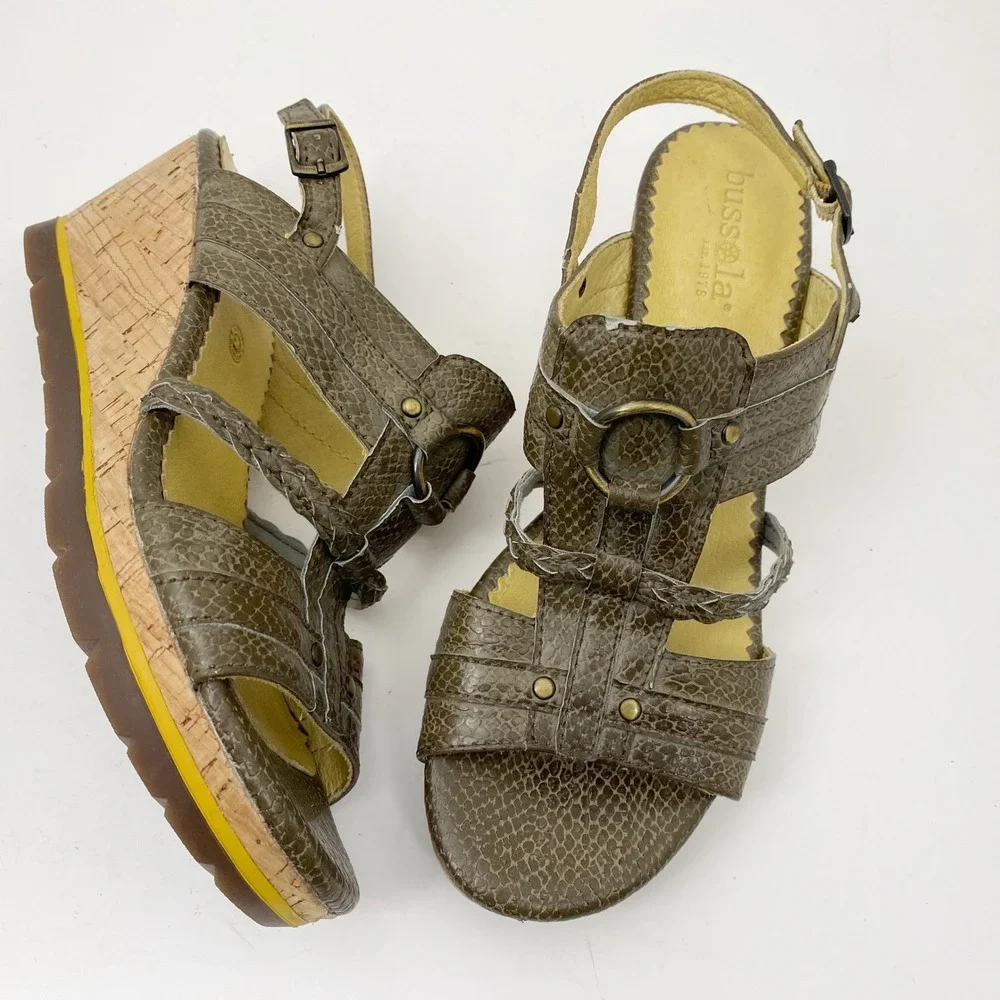 Bussola Marseille T-Wedge Taupe Snake Print Leather Sandals‎ Womens 8-8.5 39